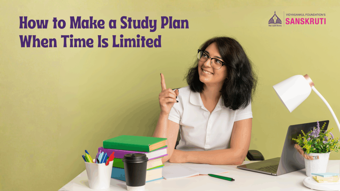 Student creating a study plan at a desk with books and a laptop