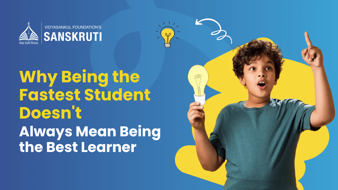Young student holding a light bulb and raising his hand with text about why being the fastest student doesn't always mean being the best learner.