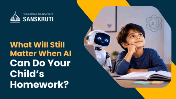 Child studying with an AI robot, highlighting the importance of future-ready skills in education.